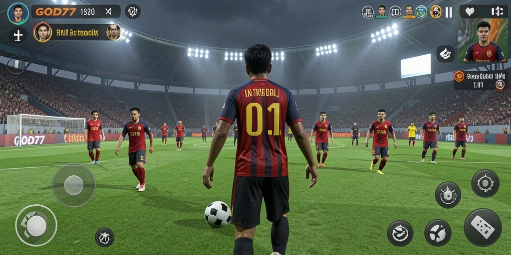 Screenshot menampilkan pertandingan sepak bola yang intens dan dramatis.