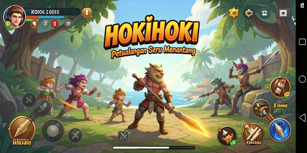 Tampilan gameplay HOKIHOKI dengan karakter menjelajahi dunia petualangan.